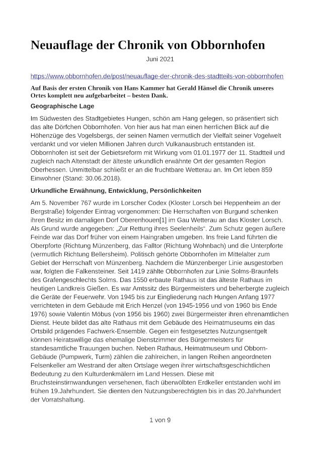 Dokument: Neuauflage der Chronik von Obbornhofen - Verfasser Gerald Hänsel